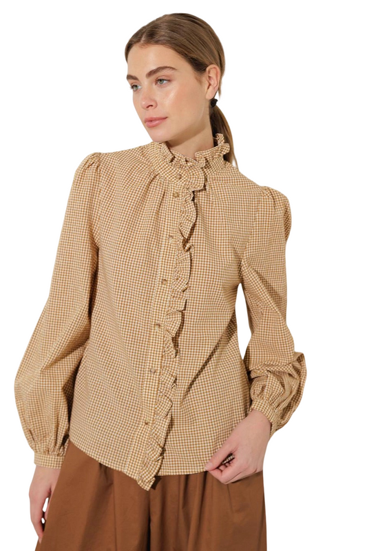 Apparel- Flying Tomato Gingham Ruffle Front Button Down Top