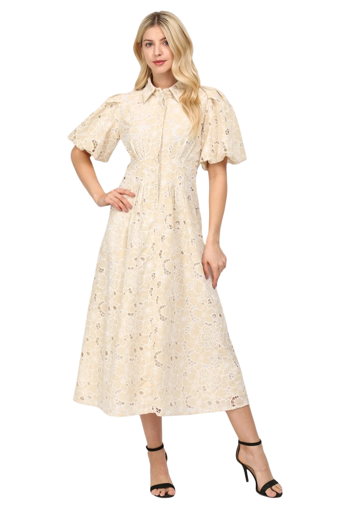 Apparel-Fate Pleated Waist Half Button Eyelet Midi Dress