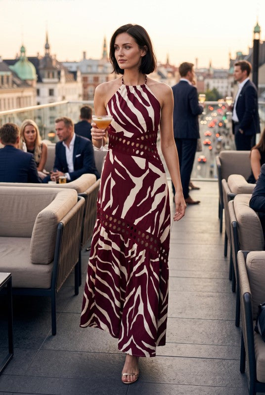 Baby Pink Zebra Print Halter Maxi Dress
