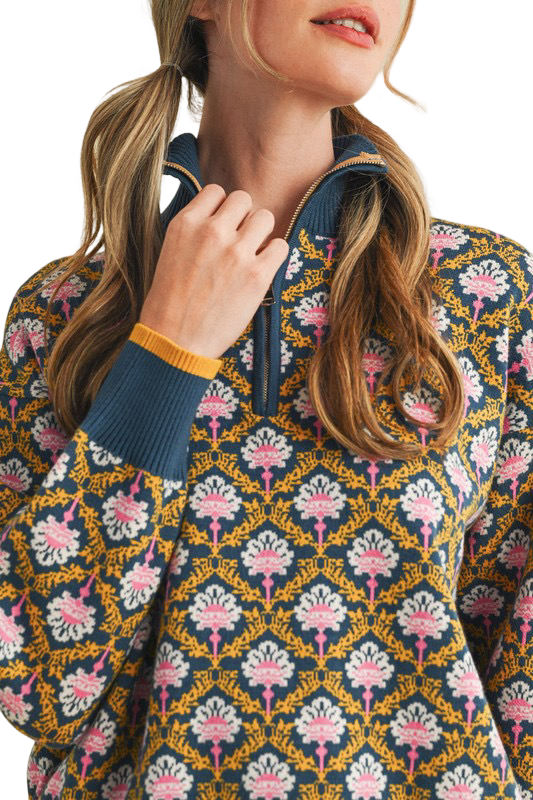 Apparel- En Merci Floral Half Zip Mock Neck Pullover Sweater