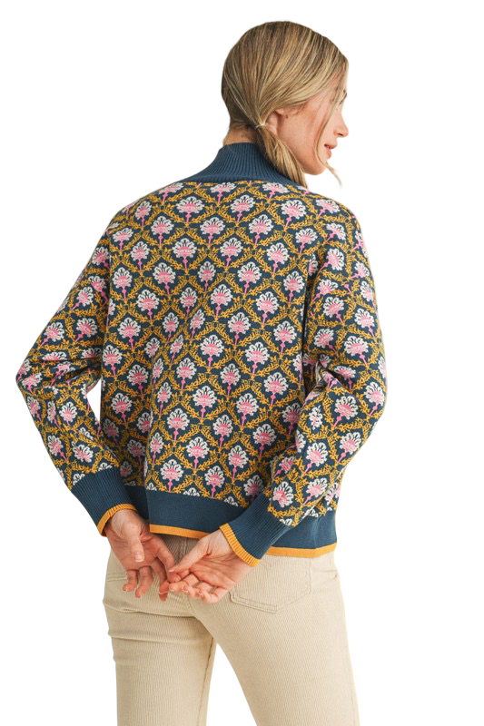 Apparel- En Merci Floral Half Zip Mock Neck Pullover Sweater