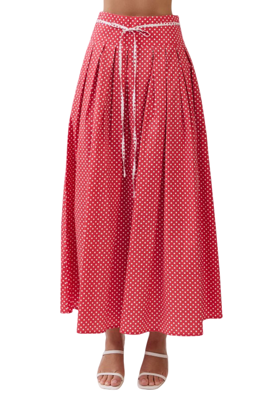 TCEC Pleated Polka Dot Rope Tie Maxi Skirt