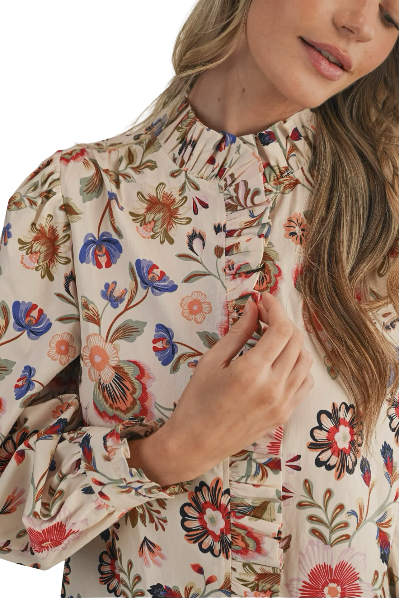 Apparel- En Merci Floral Print Ruffled Button Down Top