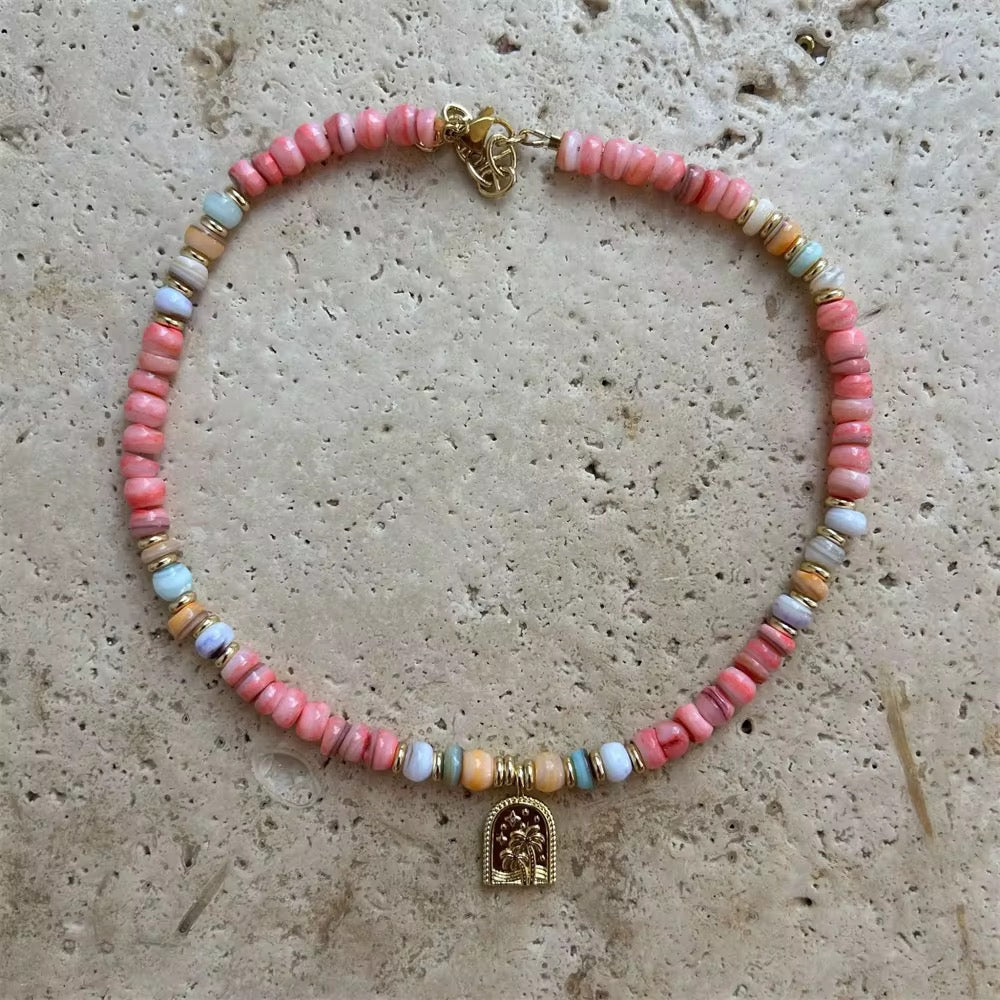Necklaces- Boho Natural Stone Necklace with Palm Tree Pendant