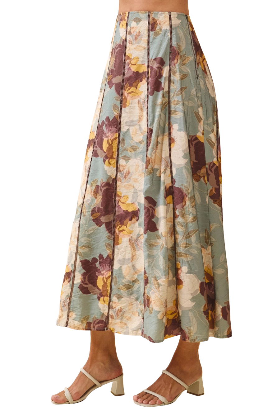 Apparel- TCEC Floral Contrast Stitch Detail Midi Skirt