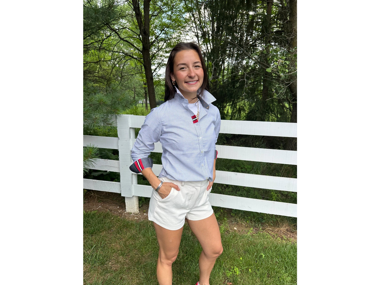 Pearly Vines Casie 2-  Striped Oxford with Black and Red Stripe Ribbon