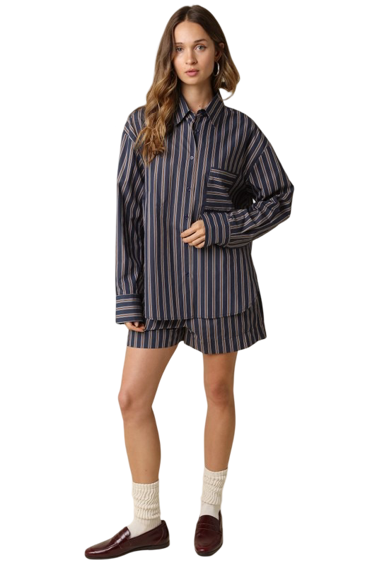 Olivaceous Hunter Striped Oversized Oxford Shirt Top