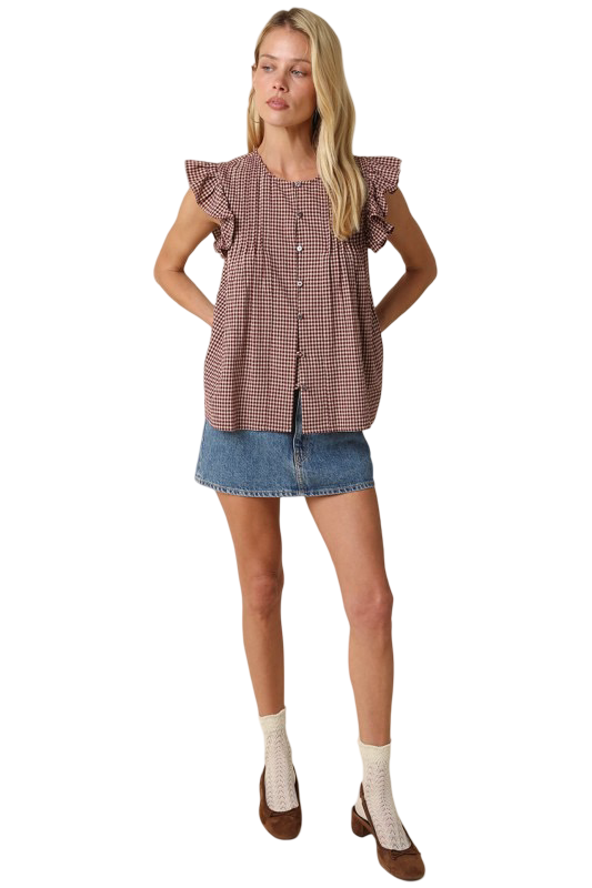 Olivaceous Clara Gingham Ruffle Sleeve Top