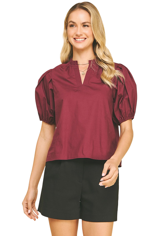 Apparel- Pinch Color V-Neck Woven Sleeve Top