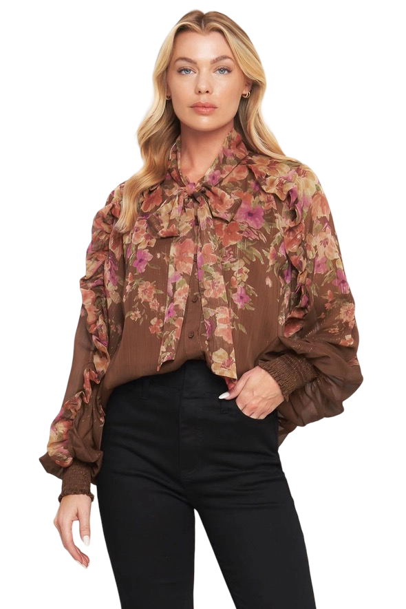 Apparel- Flying Tomato Tie Front Floral Woven Top