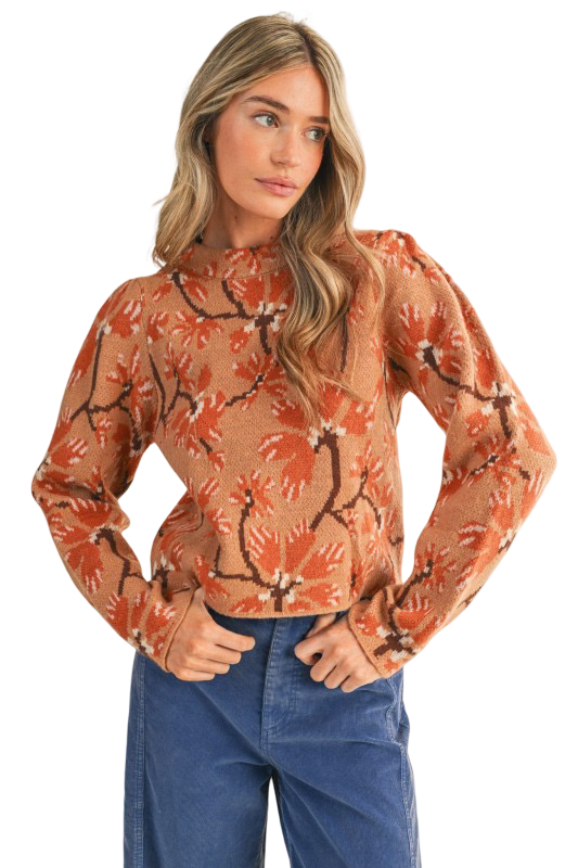 Apparel- En Merci Floral Mock Neck Sweater Top