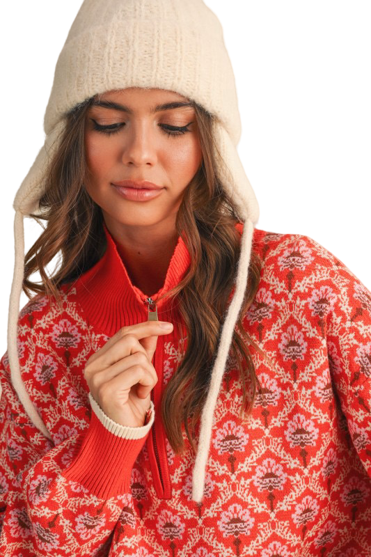 Apparel- En Merci Floral Half Zip Mock Neck Pullover Sweater