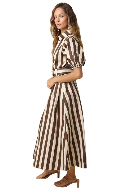 Olivaceous Cora Striped Belted Midi Dress