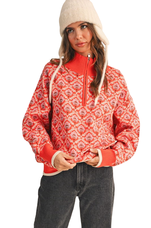 Apparel- En Merci Floral Half Zip Mock Neck Pullover Sweater