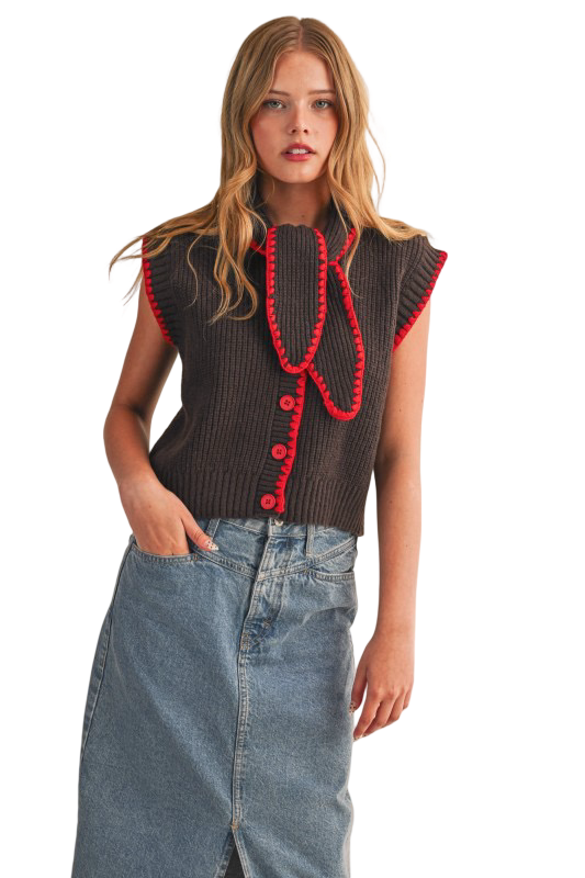 Apparel- En Merci Tie Neck Blanket Stitch Sweater Vest Top