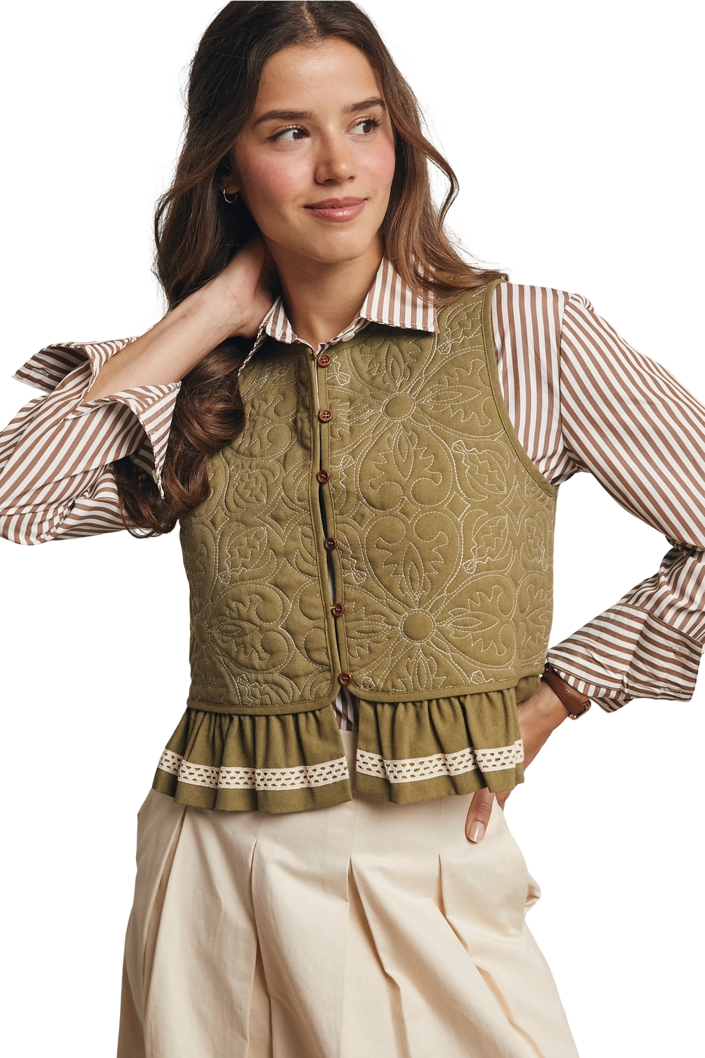 Apparel- Forte Lace Trimmed Quilted Peplum Vest Top