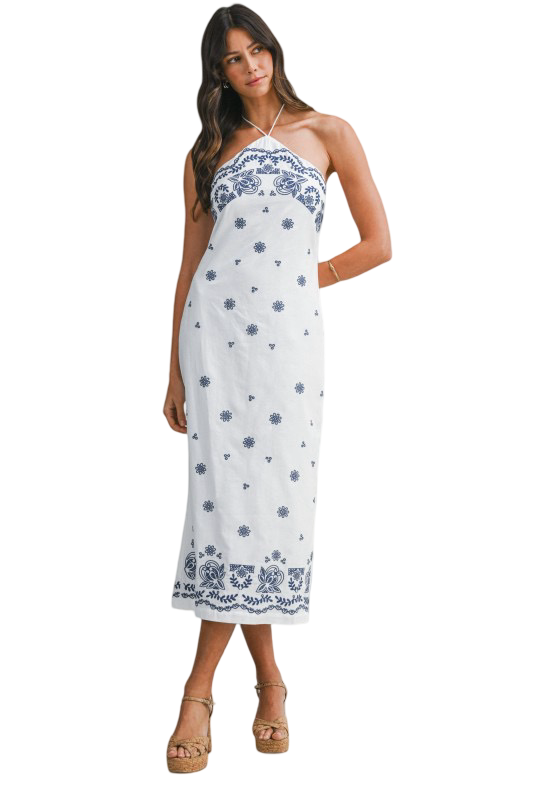 Apparel- Mable Embroidered Halter Cotton Midi Dress
