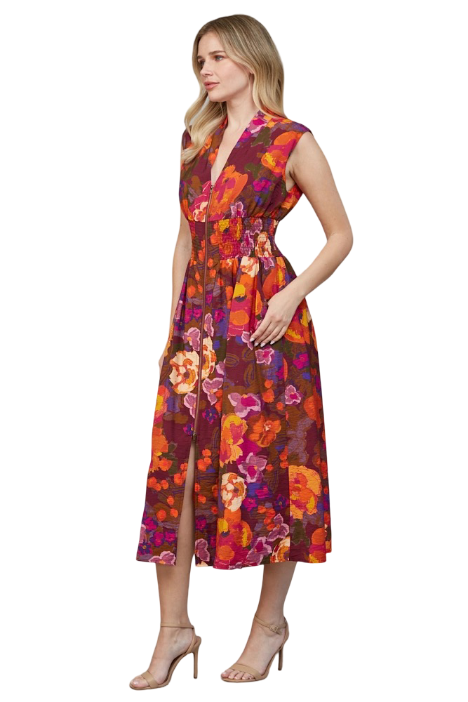 Apparel-Fate Printed Front Zip Midi Dress