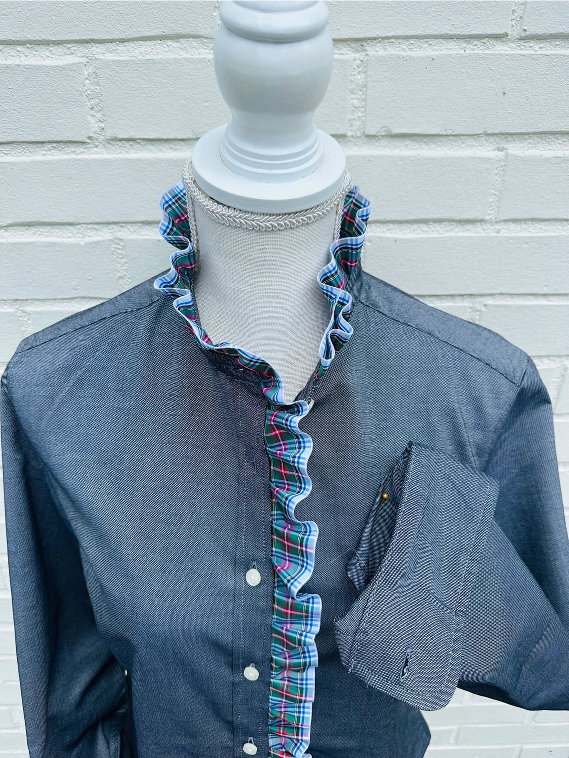 Apparel- Pearly Vines Sophia Gray Oxford with White Plaid Ruffle Front Shirt