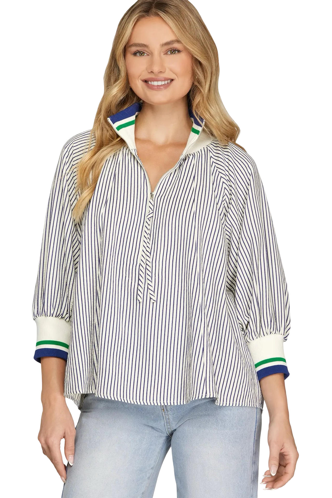 She+Sky 3/4 Sleeve Zip Down Contrast Blouse Top