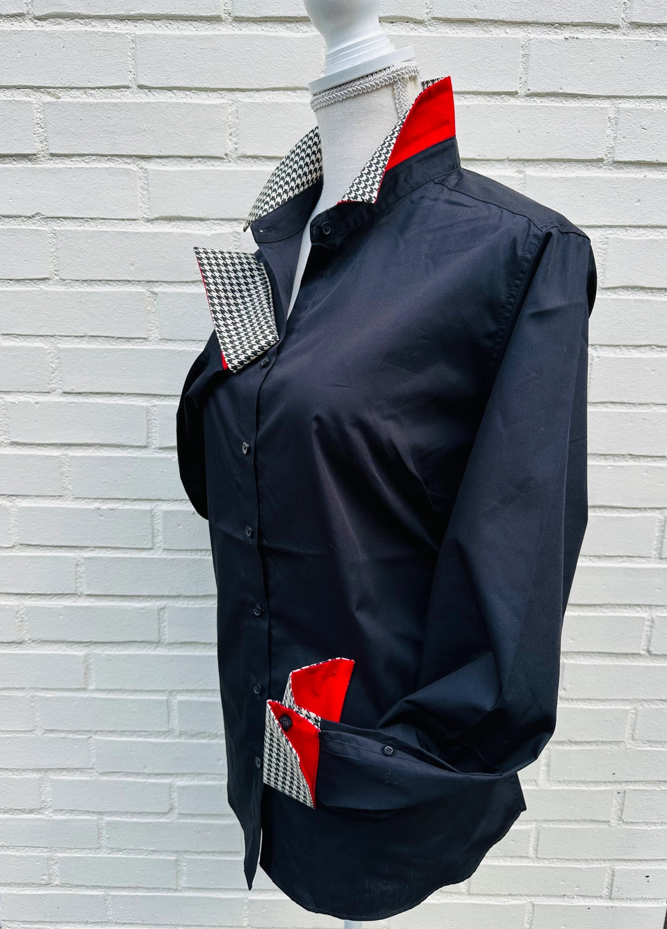 Apparel- Pearly Vines- Diana French Cuff Black w Red &Houndstooth Ribbon