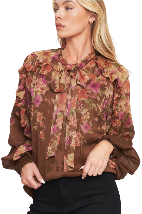 Apparel- Flying Tomato Tie Front Floral Woven Top