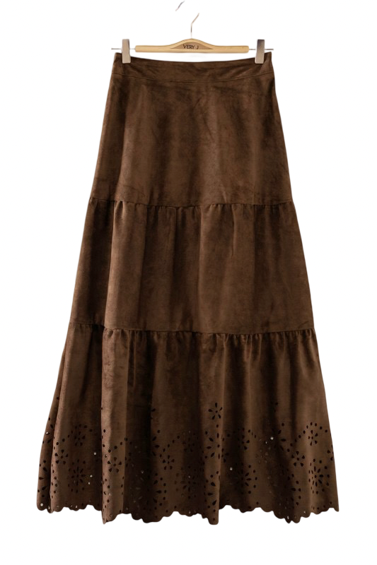 Very J Faux Suede Laser Cut Midi Skirt