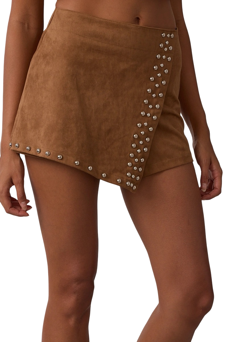 Apparel- Sky to Moon Suede Asymmetrical Studded Mini Skort