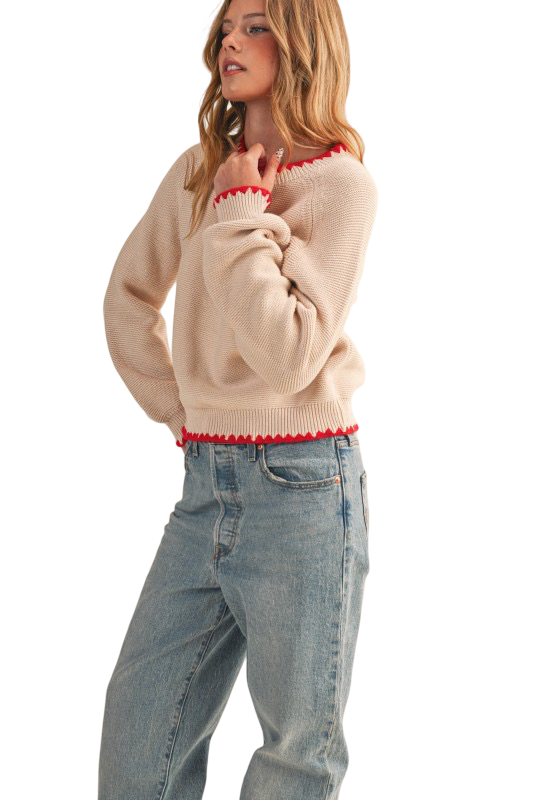 Apparel- En Merci Contrast Stitch Long Sleeve Sweater Top