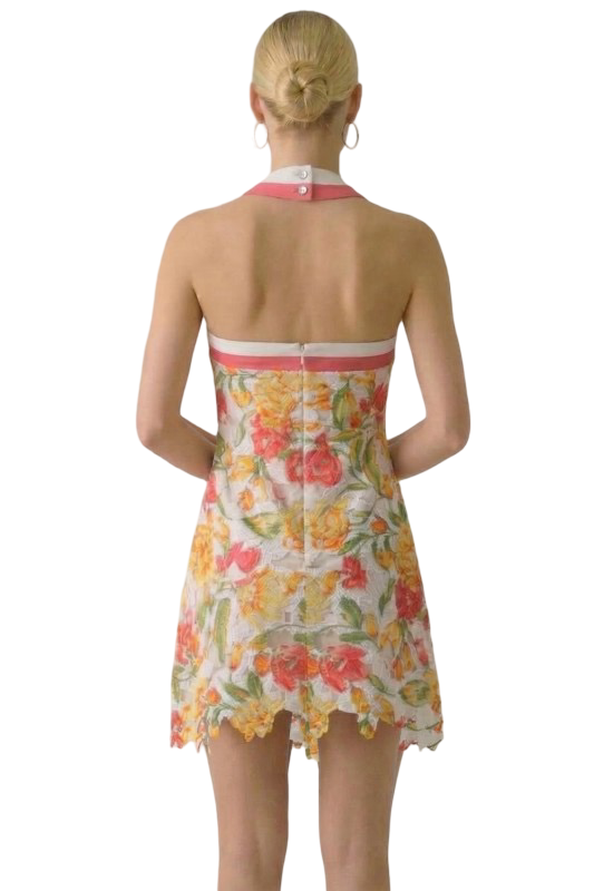 B. Right Halter Crochet Lace Trim Mini Dress