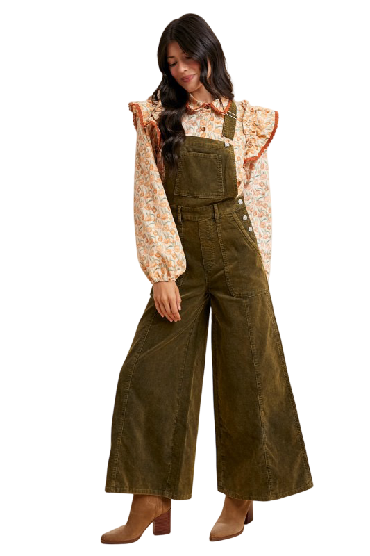 Apparel- Anniewear  Corduroy Mineral Wash Wide Leg Overalls Pants
