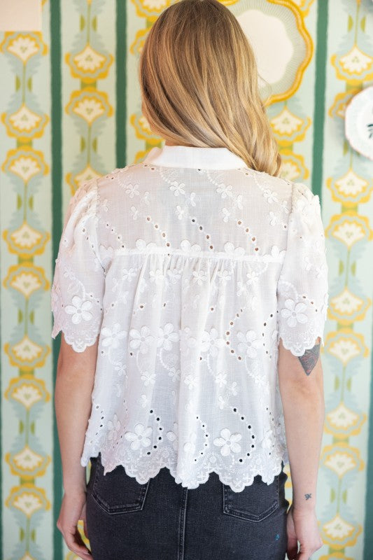 Apparel- VOY Self Tie Eyelet Scalloped Detail Top