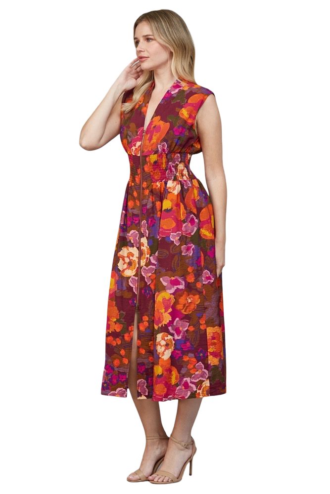 Apparel-Fate Printed Front Zip Midi Dress