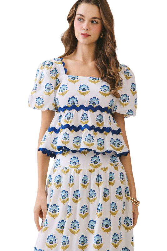TCEC Floral Print Ric Rac Detail Blouse Top