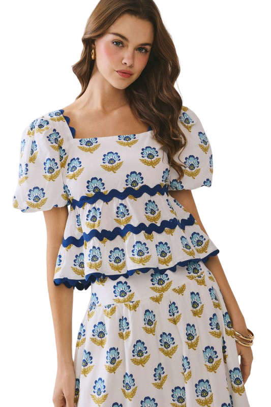 TCEC Floral Print Ric Rac Detail Blouse Top