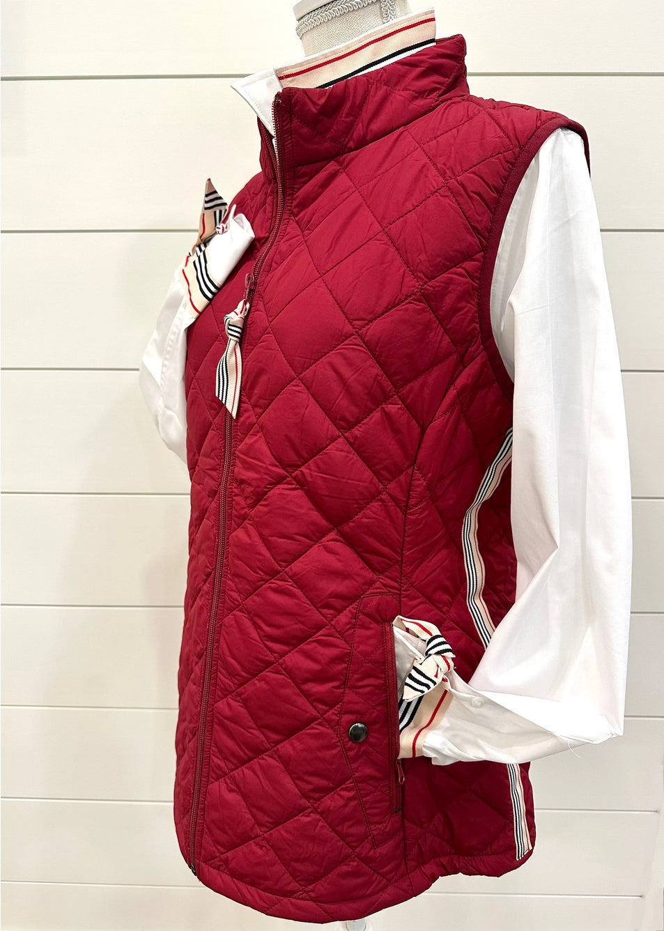 Apparel- Pearly Vine Maggie May- Burnt Red Quilted Puffer Vest w Khaki/Black & Red Stripe Ribbon