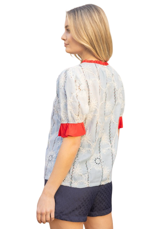 VOY Eyelet Contrast Band and Sleeve Blouse Top