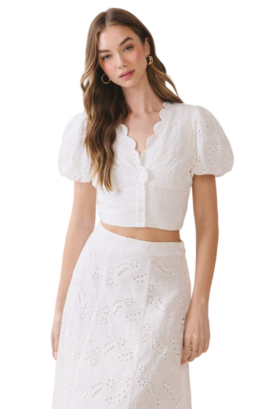 TCEC Eyelet Puffed Sleeve  Crop Top