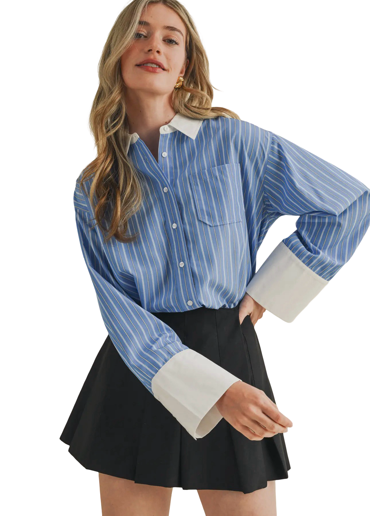 Apparel- En Merci Striped Wide Cuff Button Down Top