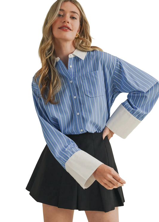 Apparel- En Merci Striped Wide Cuff Button Down Top