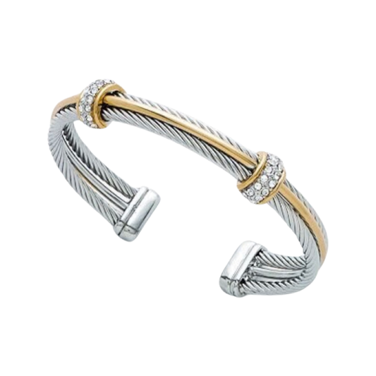 Bracelets- M&E Bling Two Tone Cable Cuff With Pave Barrels