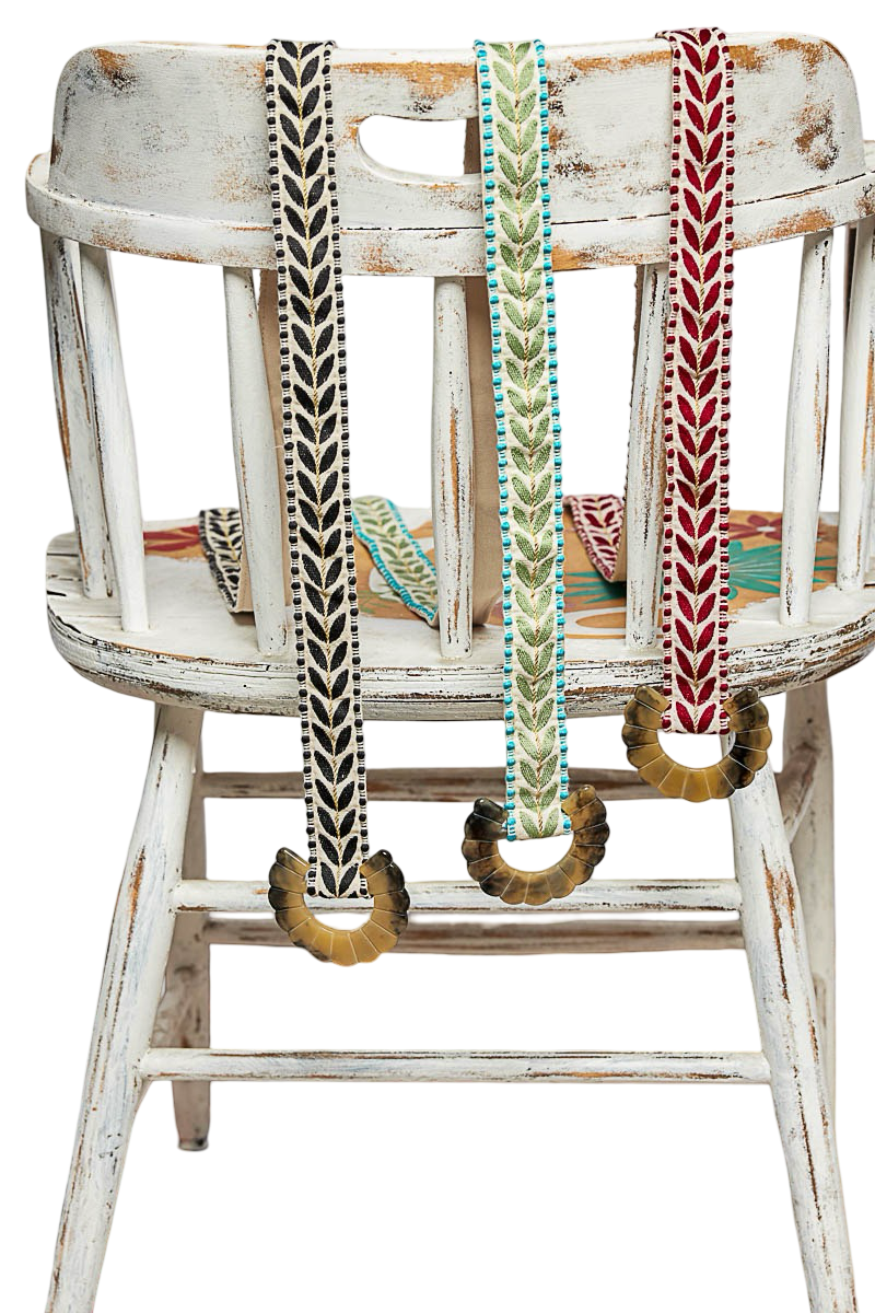 Pol Embroidered Leaf Sash Belt with Concho Buckle