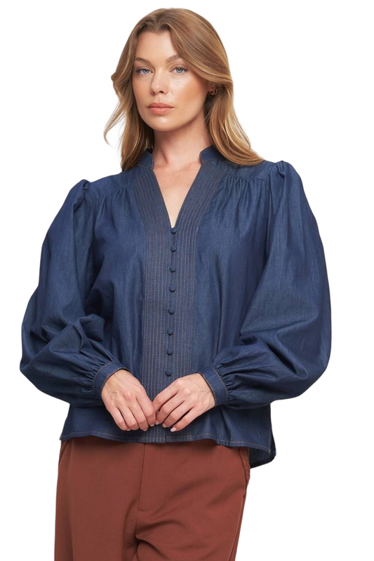 Apparel- Flying Tomato V Neck Detail Denim Top