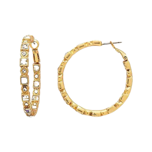 Earrings- M&E Bling Gold With CZ Squares and Circles Hoops