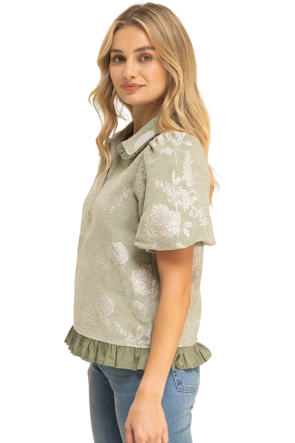 Apparel- VOY Floral Jacquard Top with Ruffled Collar