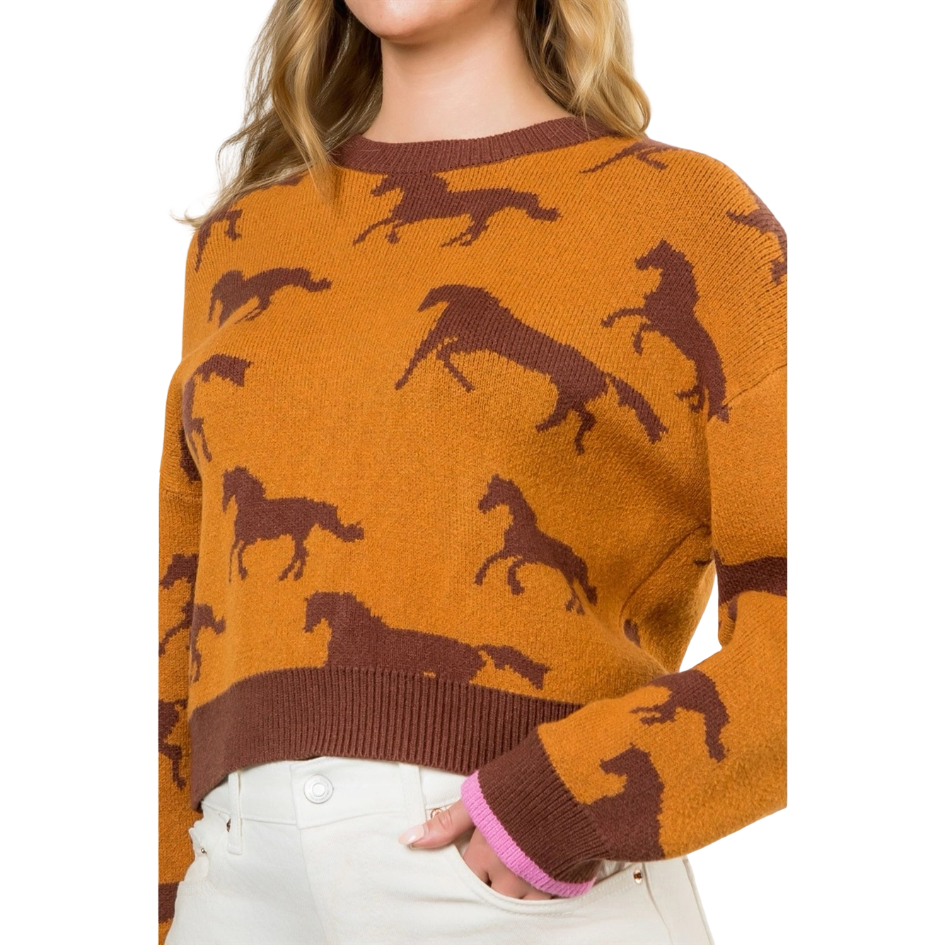 Apparel- THML Horse Print Crew Knit Sweater Top