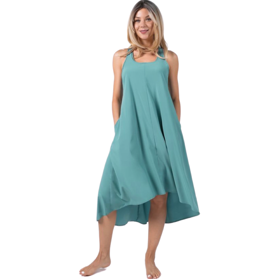 Apparel- Halara Breezeful* Backless Racerback Side Pocket High Low Midi  Dress