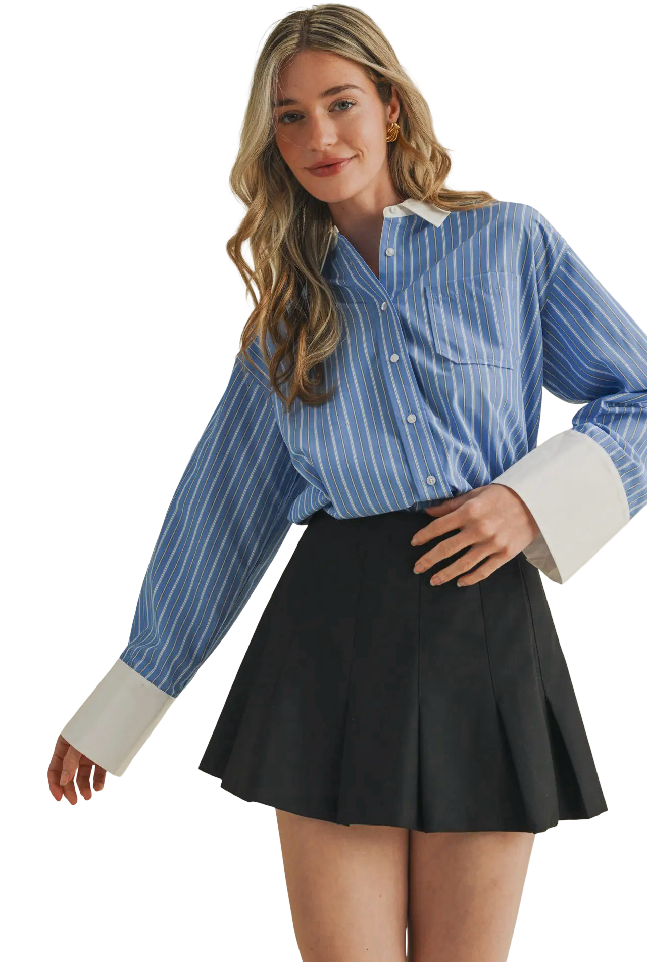 Apparel- En Merci Striped Wide Cuff Button Down Top