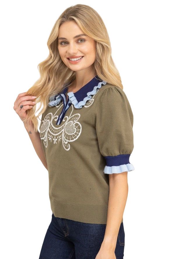 Apparel- VOY Contrast Embroidery Collar Knit Top