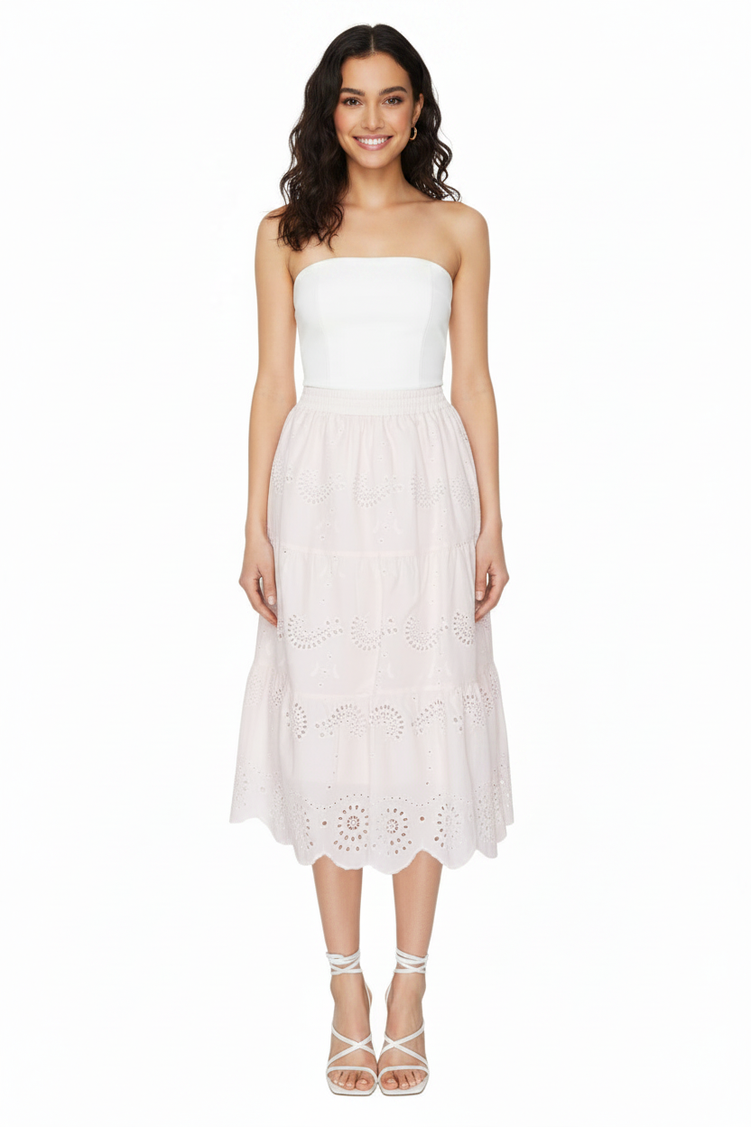 Haute Monde Eyelet Elastic Waist Midi Skirt